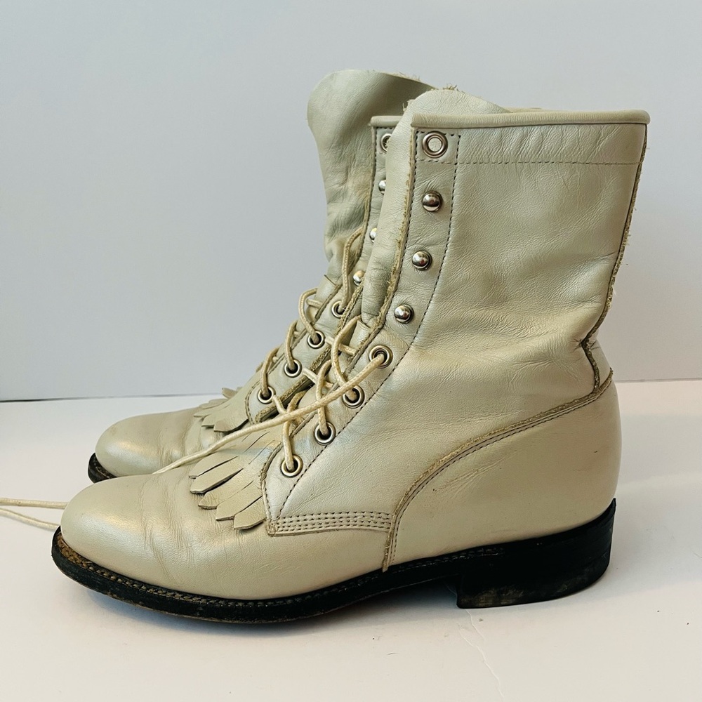 Justin Lacers Women Shoes Vtg Ivory White Size 6B Leather Kiltie Cowgirl Boot